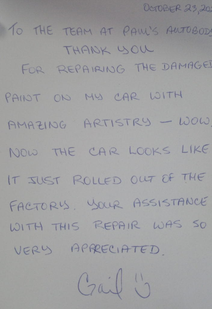 Paul's Auto Body happy customers Thank You Note